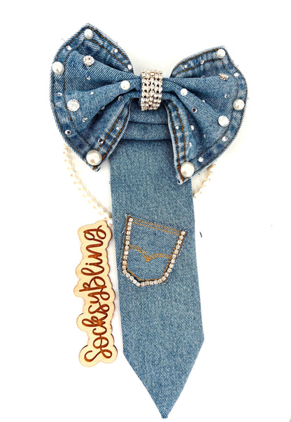Denim Necktie| Junk Tie| Handmade Bling Tie with Bow| Bow tie