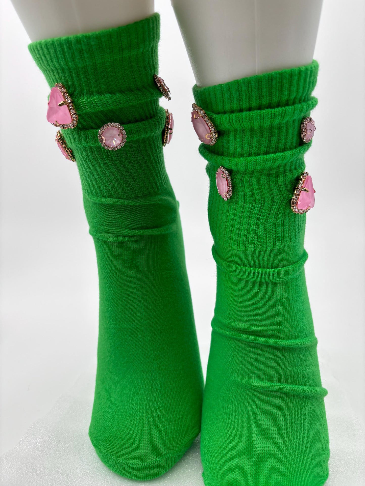 Pink & Green Hand-Sewn Bling Socks (6-10) – Sorority Inspired | Green Socks| Pink Gems