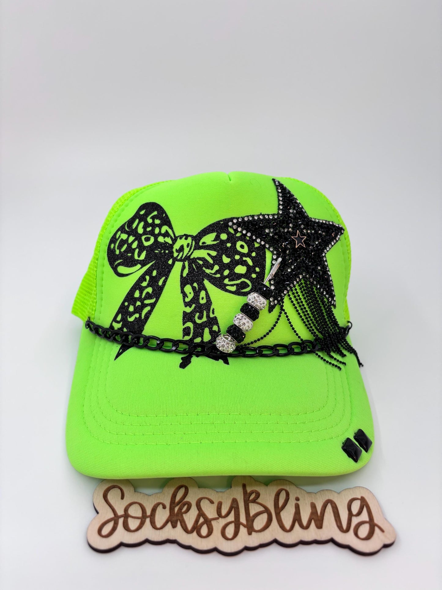 Neon Trucker hat| Bling Embellished| Sparkly Star and Leopard Glitter Bow| Trucker hat with Leopard print