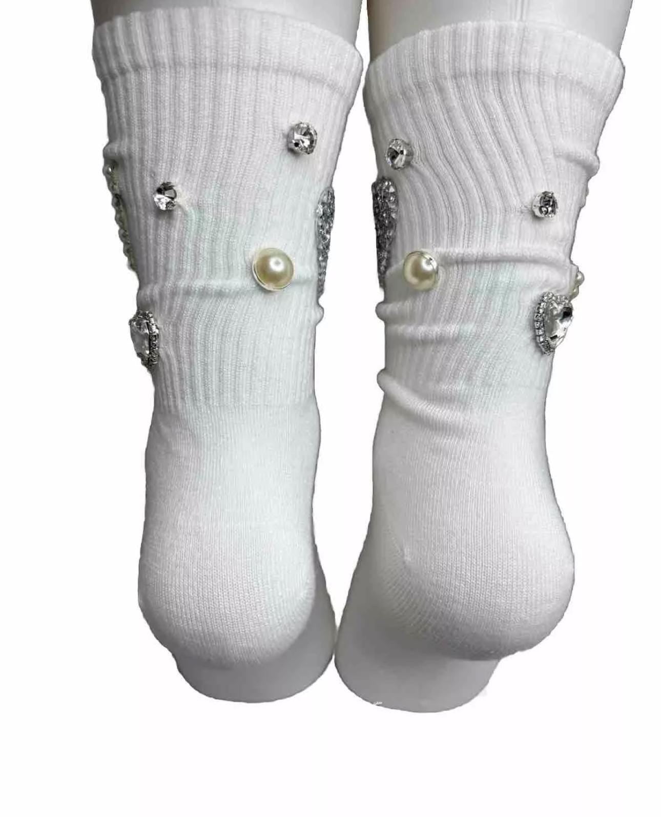 Pearl Bling J Initial Socks for Sizes 6-10 - Hand-Sewn Silver Rhinestone- Glam Socks