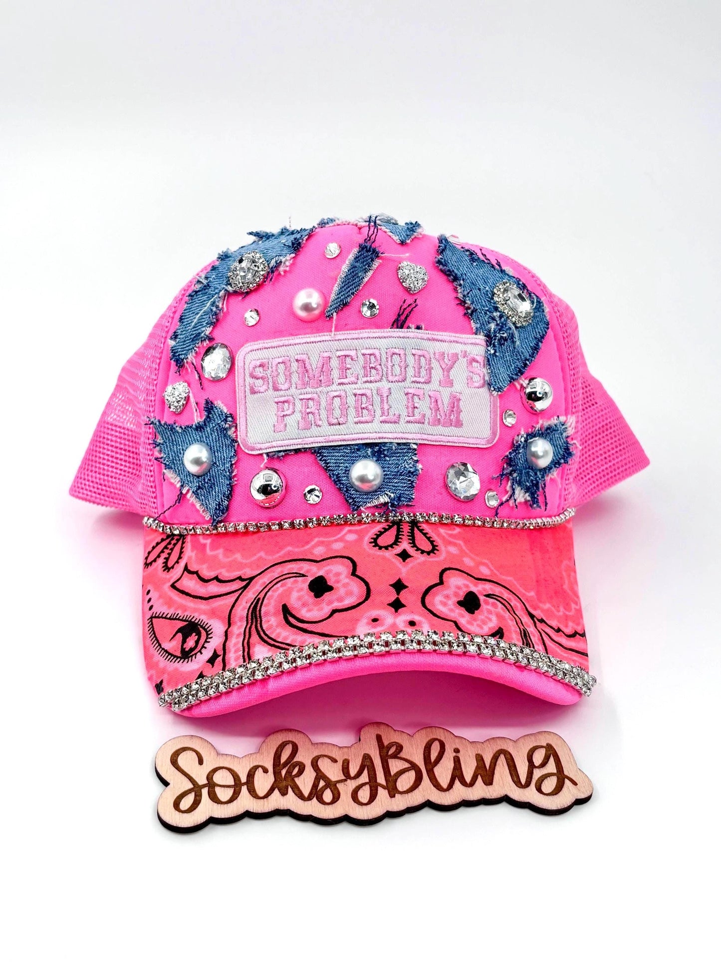 Somebody’s Problem Bling Trucker Hat – Pink Hat with Bandana Brim, Denim Patches, Rhinestones & Pearls | Streetwear Glam