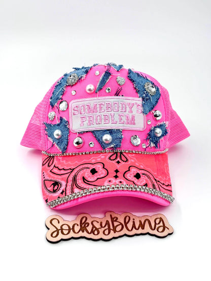 Somebody’s Problem Bling Trucker Hat – Pink Hat with Bandana Brim, Denim Patches, Rhinestones & Pearls | Streetwear Glam