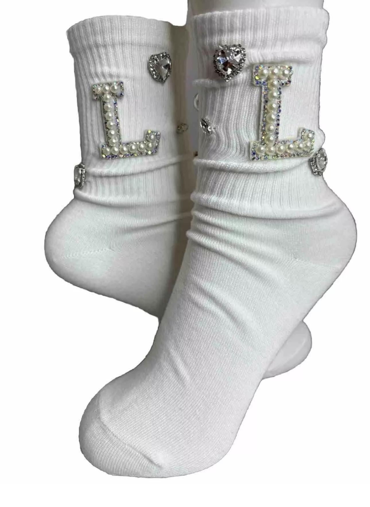 Hand- Sewn Embellished Initial Socks (6-10), Gems Bling Socks