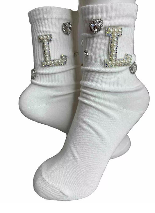Hand- Sewn Embellished Initial Socks (6-10), Gems Bling Socks
