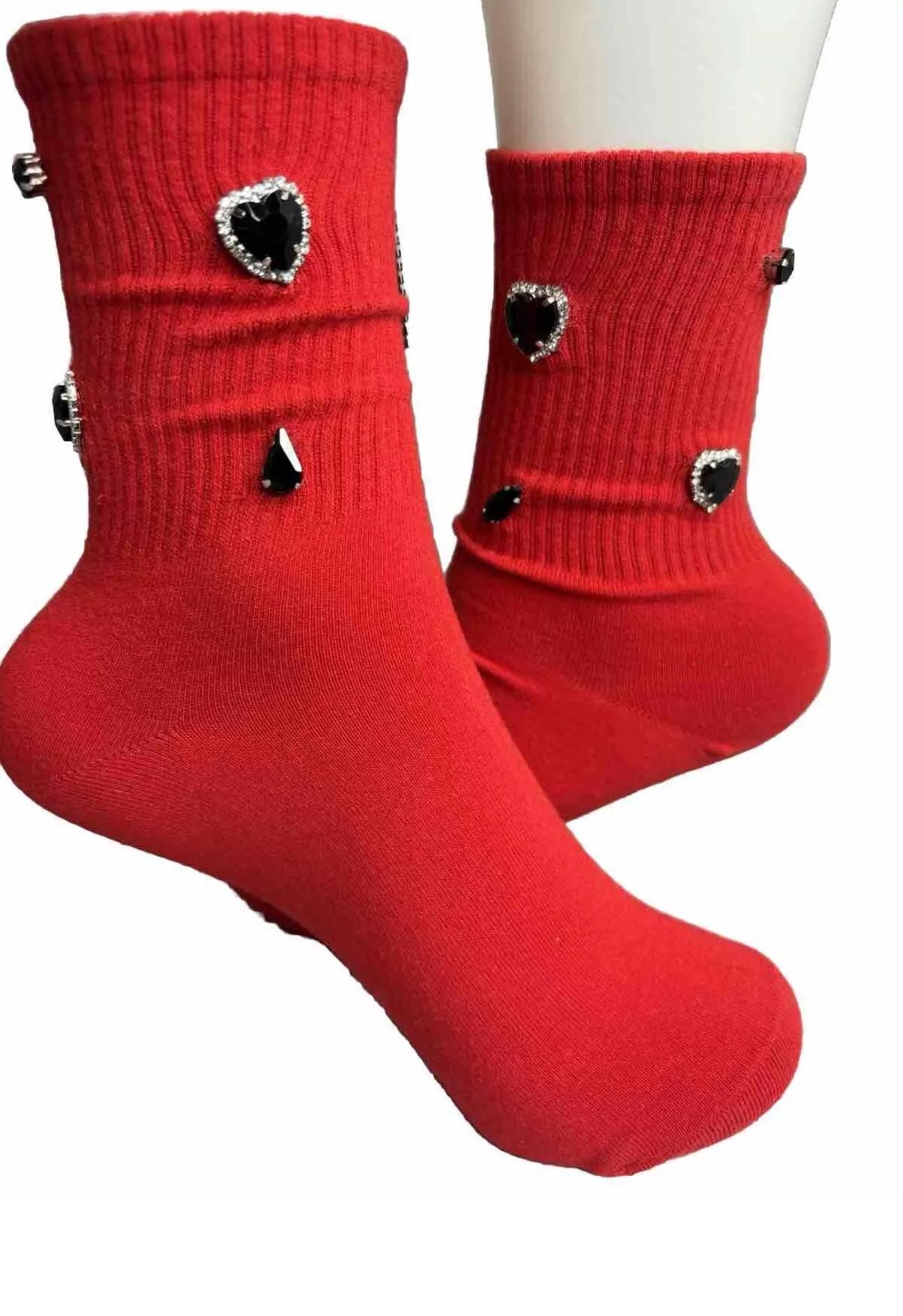 Black Love Rhinestone Fringe Socks 6-10, Gems, Bling, Hand-Sewn