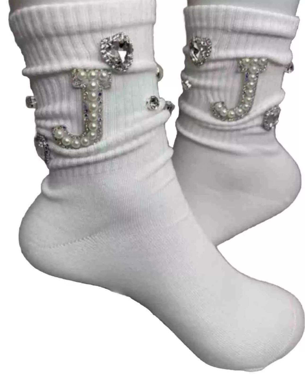 Pearl Bling J Initial Socks for Sizes 6-10 - Hand-Sewn Silver Rhinestone- Glam Socks