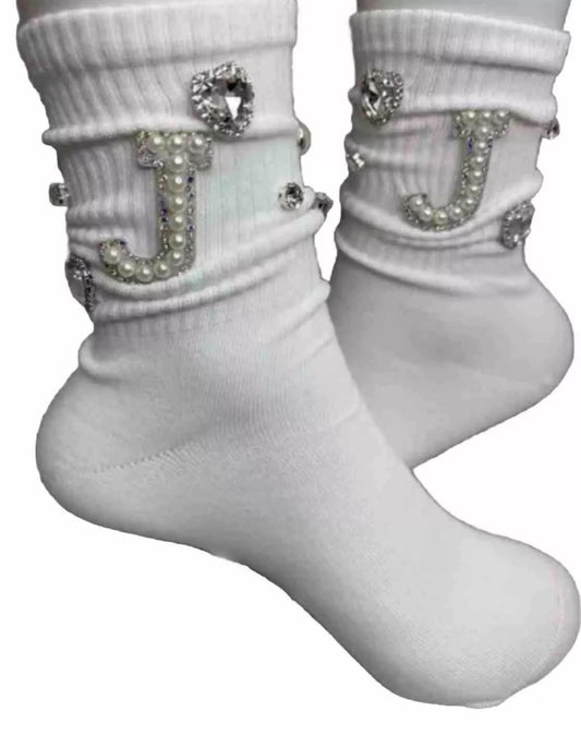 Pearl Bling J Initial Socks for Sizes 6-10 - Hand-Sewn Silver Rhinestone- Glam Socks