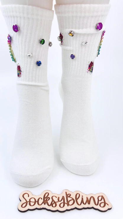 Rainbow Pearl K Initial Socks (6-10)| Hand-Sewn Bling Socks|Rhinestone Socks|Socks with Gems