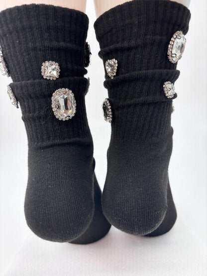 Chunky Gems Black Socks 6-10, Gems, Rhinestones| Hand-Sewn Bling Statement Socks