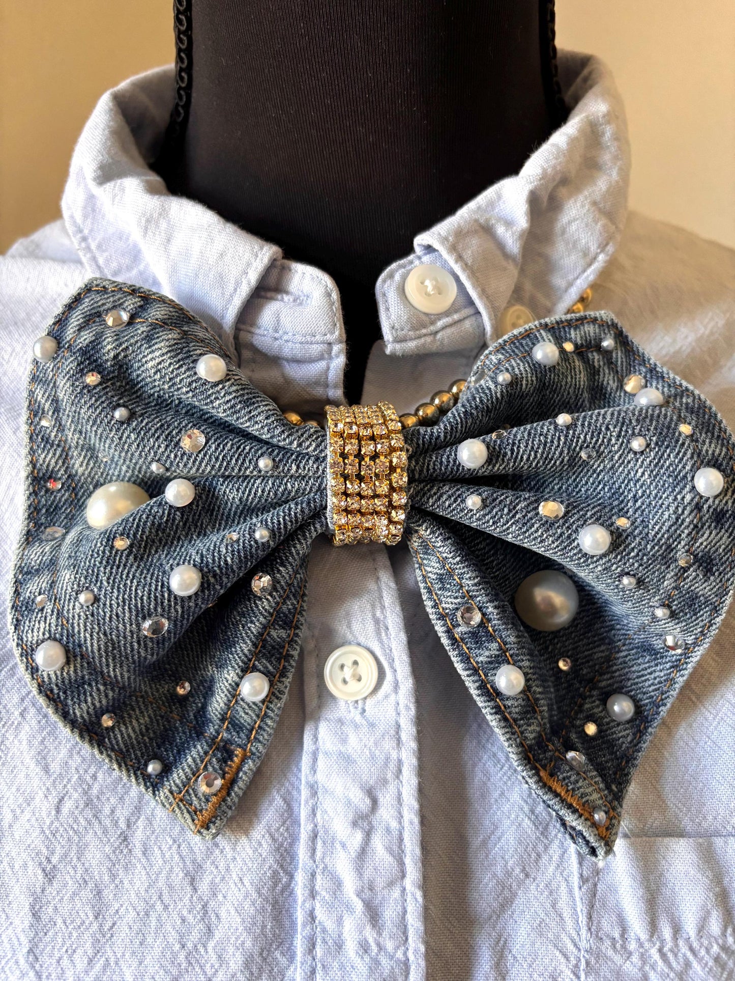 Denim Necktie| Junk Tie| Handmade Bling Tie with Bow| Bow tie