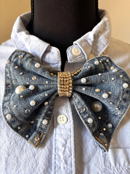 Denim Necktie| Junk Tie| Handmade Bling Tie with Bow| Bow tie
