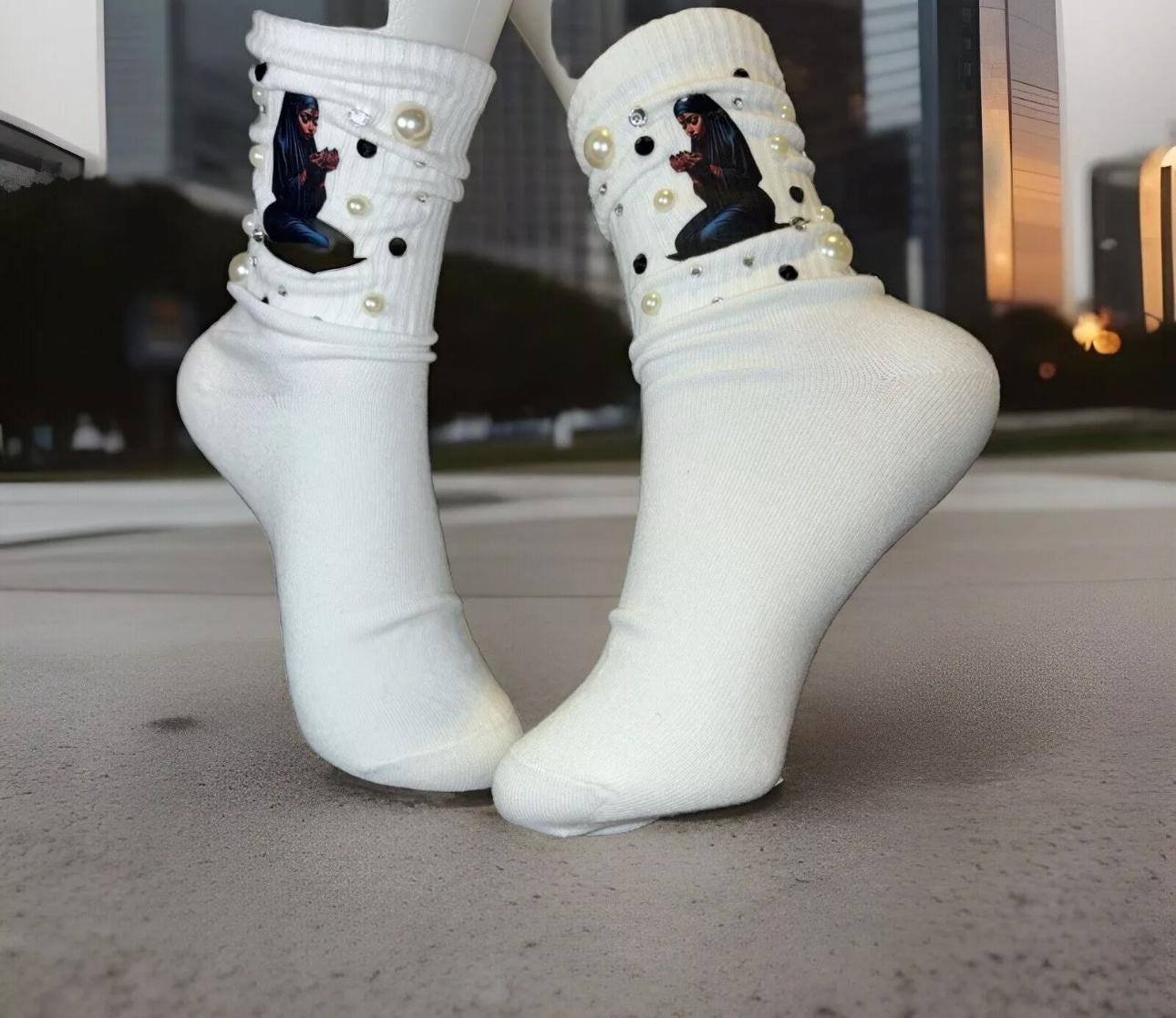 Religious Make Dua Bling Pearl Socks, Rhinestones, Muslim, Muslimah, Prayer Crew socks, Handmade