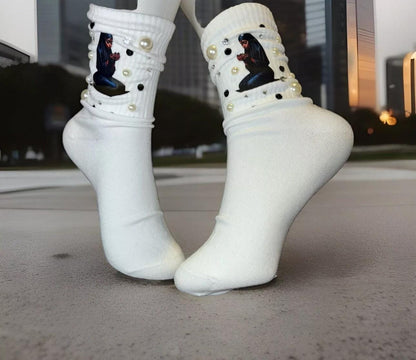 Religious Make Dua Bling Pearl Socks, Rhinestones, Muslim, Muslimah, Prayer Crew socks, Handmade