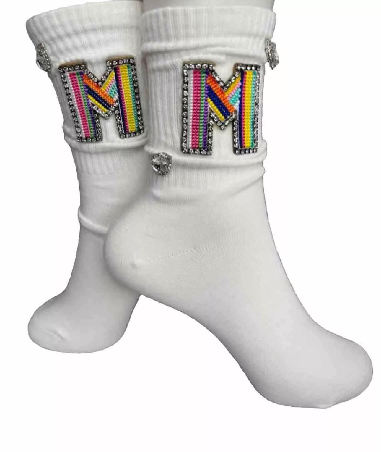Multicolor Strip M Initial Bling Socks 6-10