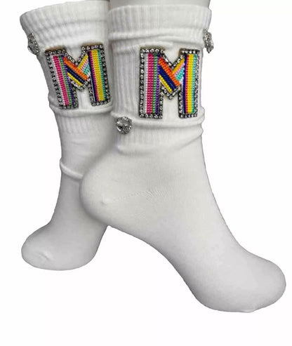 Multicolor Strip M Initial Bling Socks 6-10