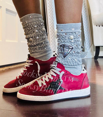 Diamond Bling Socks – Grey Scrunch Pearl & Rhinestone Crew Socks | Sparkly Streetwear Accessories |Junk SocksStatement Socks | SocksyBling™
