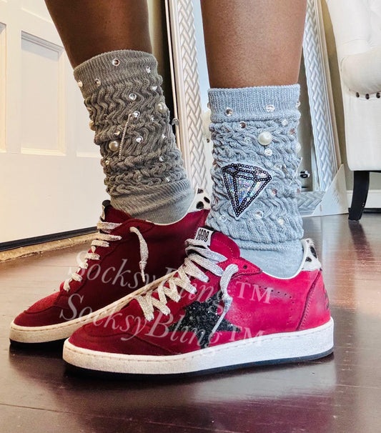 Diamond Bling Socks – Grey Scrunch Pearl & Rhinestone Crew Socks | Sparkly Streetwear Accessories |Junk SocksStatement Socks | SocksyBling™
