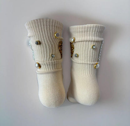 Pearl R Initial Beige Socks (6-10) Hand-Sewn with Gold Rhinestone Glam