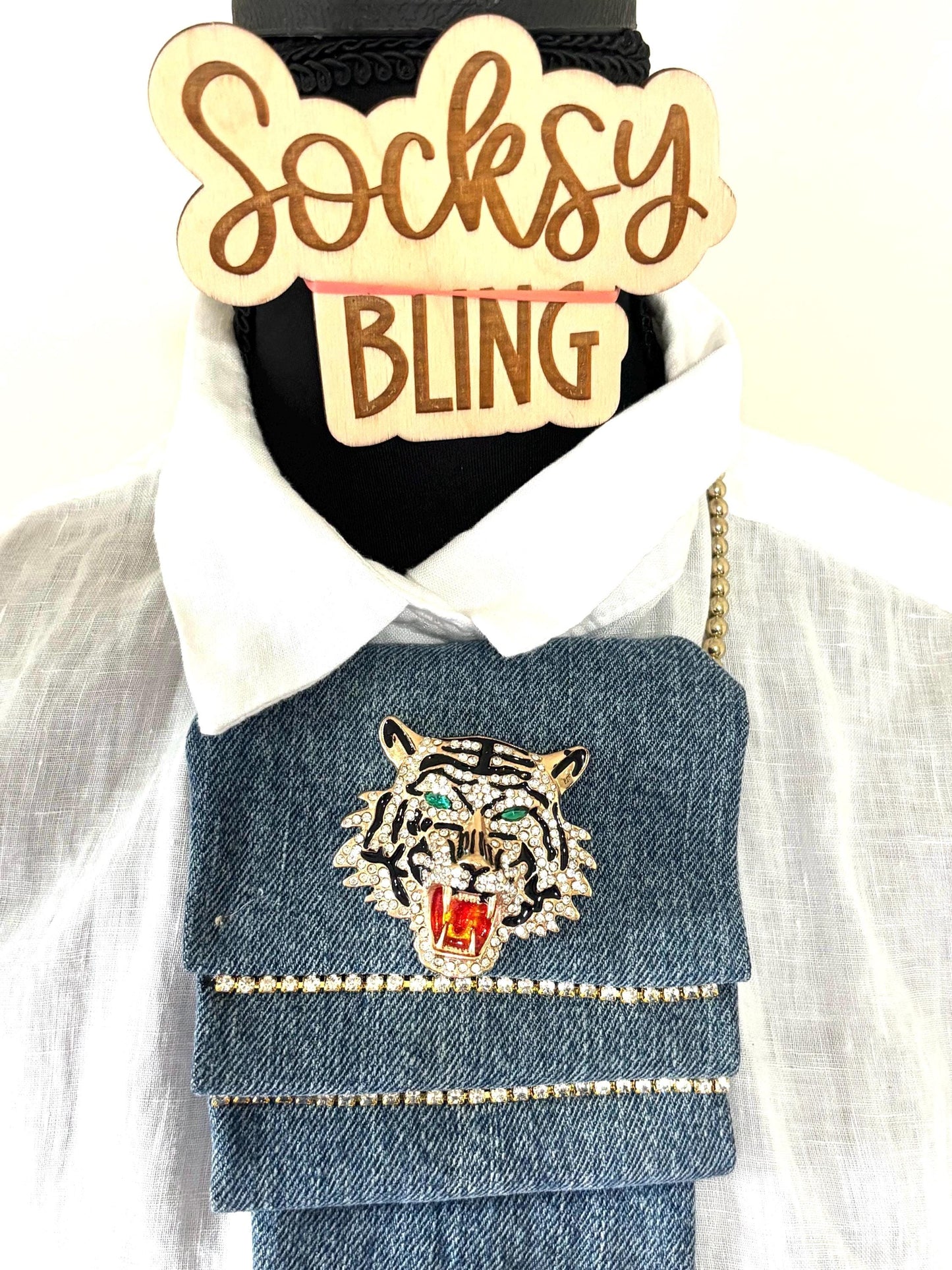 Denim Necktie| Junk Tie| Handmade Bling Tie with Bow| Bow tie