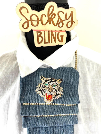 Denim Necktie| Junk Tie| Handmade Bling Tie with Bow| Bow tie