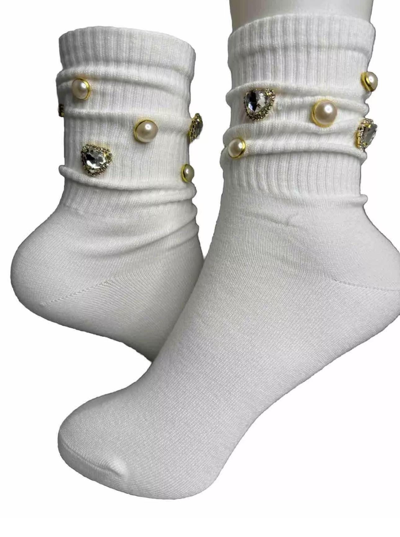 Blinged-Out Pearl L Initial Socks (6-10)|Hand-Sewn Rhinestones|  Glam Socks