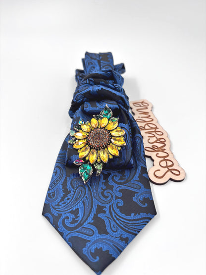Blue Paisley Sunflower Statement Tie | Hand-Sewn Brooch Tie| New Necktie