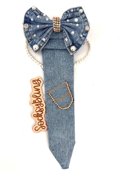 Denim Necktie| Junk Tie| Handmade Bling Tie with Bow| Bow tie