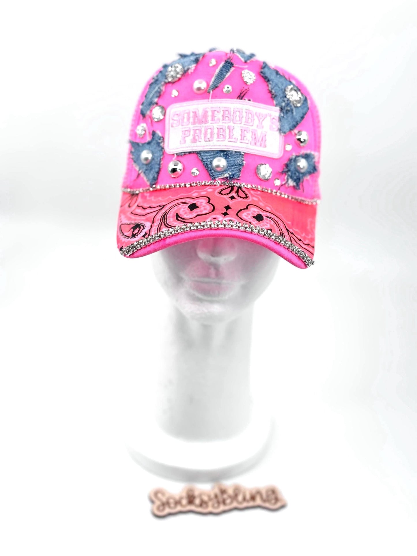 Somebody’s Problem Bling Trucker Hat – Pink Hat with Bandana Brim, Denim Patches, Rhinestones & Pearls | Streetwear Glam