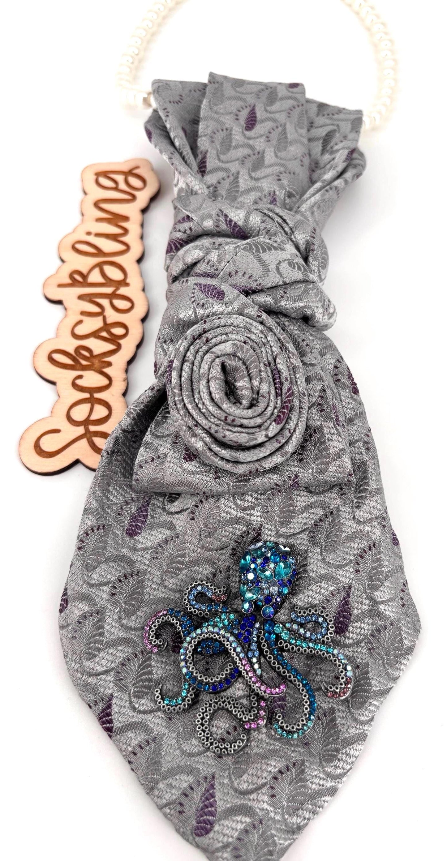 Upcycled Tie| Pearl Necklacel Accessory |Hand-Sewn Silver Brooch Tie| Necklace Necktie