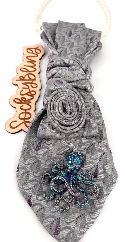 Upcycled Tie| Pearl Necklacel Accessory |Hand-Sewn Silver Brooch Tie| Necklace Necktie