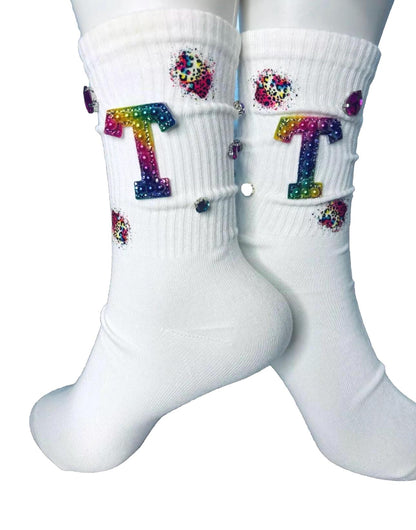 Rainbow Pearl T Initial Socks (6-10), Coloful, Pearls, Rhinestones, Gems, Handmade