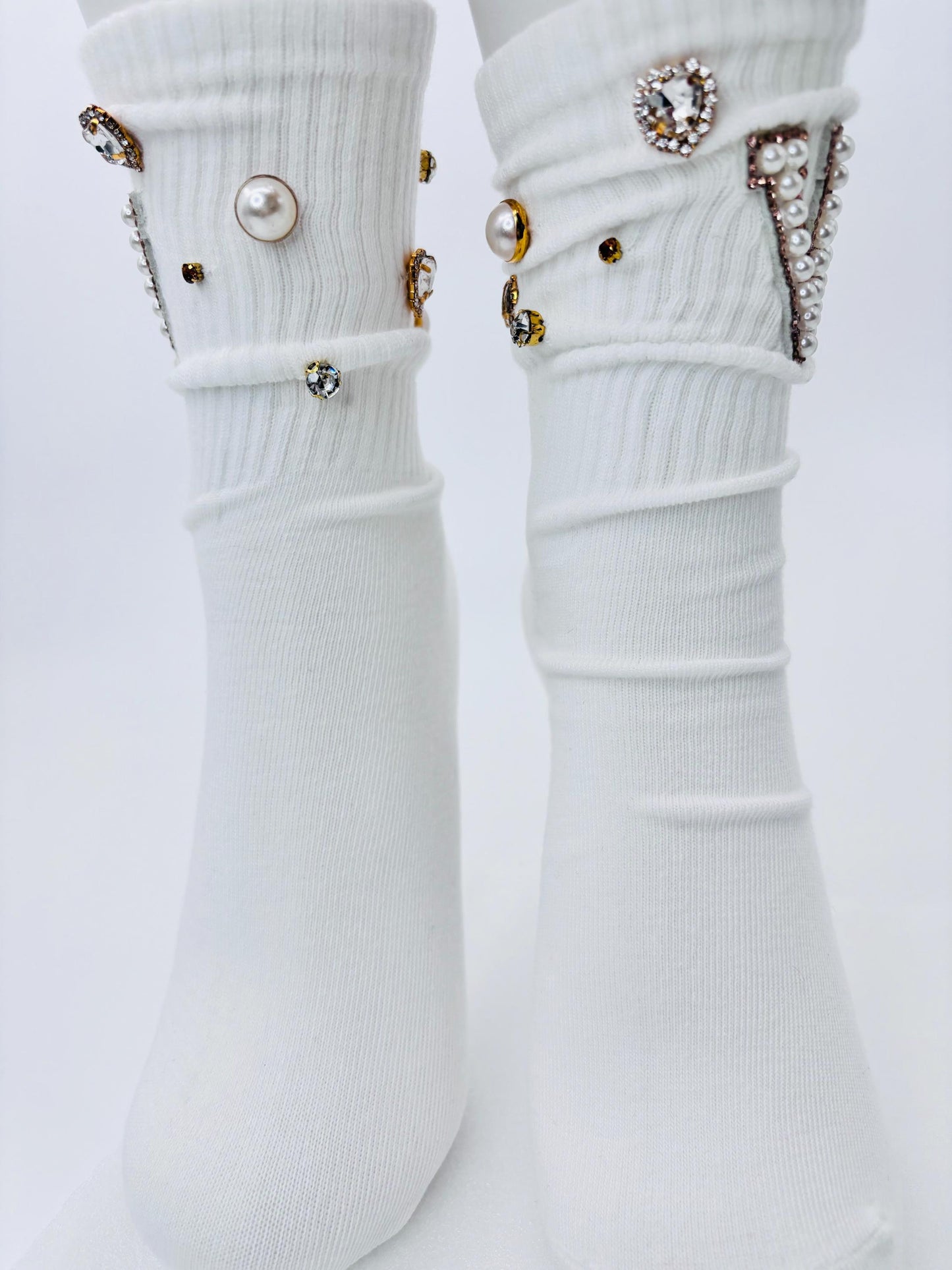 Pearl Gold Bling W Initial Socks for Sizes 6-10 - Hand-Sewn Rhinestone, Glitter, Glam