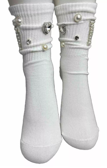 Custom N Initial Pearl Silver Bling Socks ( 6-10) Luxe Rhinestone Details, Hand-Sewn Gems