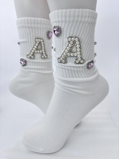 Pearl A Initial Socks (6-10) | Hand-Sewn Silver Rhinestones