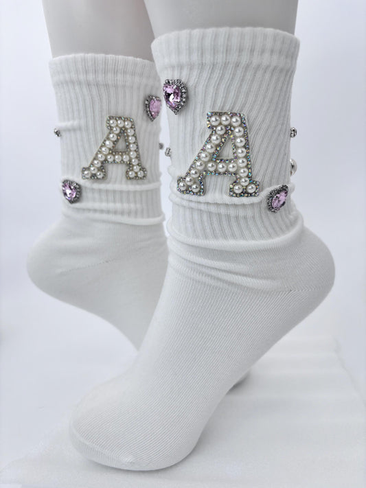 Pearl A Initial Socks (6-10) | Hand-Sewn Silver Rhinestones