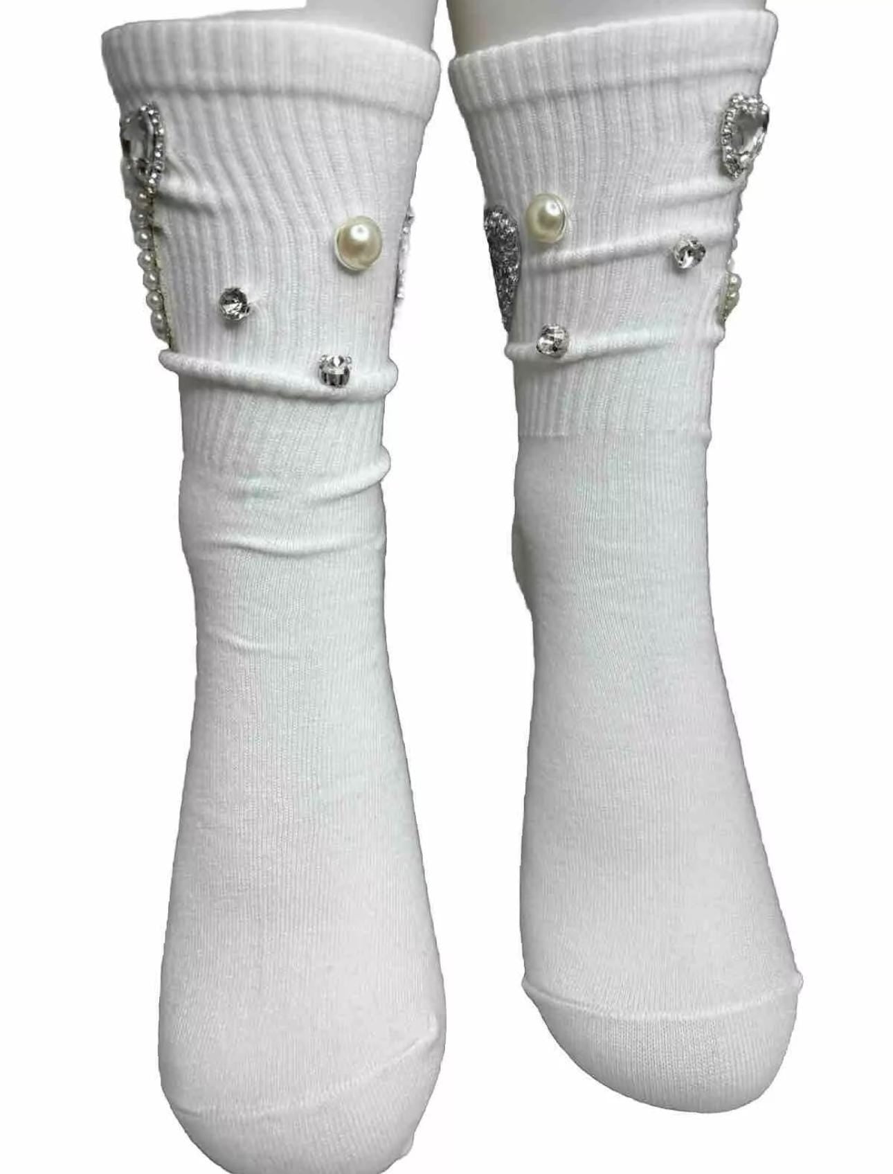 Pearl Bling J Initial Socks for Sizes 6-10 - Hand-Sewn Silver Rhinestone- Glam Socks