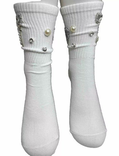 Pearl Bling J Initial Socks for Sizes 6-10 - Hand-Sewn Silver Rhinestone- Glam Socks