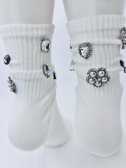Hand-Sewn Embellished Button Socks | Rhinestone Bling|Gems| Bedazzled