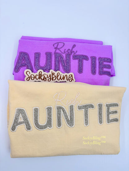 Rich Auntie Shirt – Embroidered Glitter Tee | Bougie Soft Glam Vibes