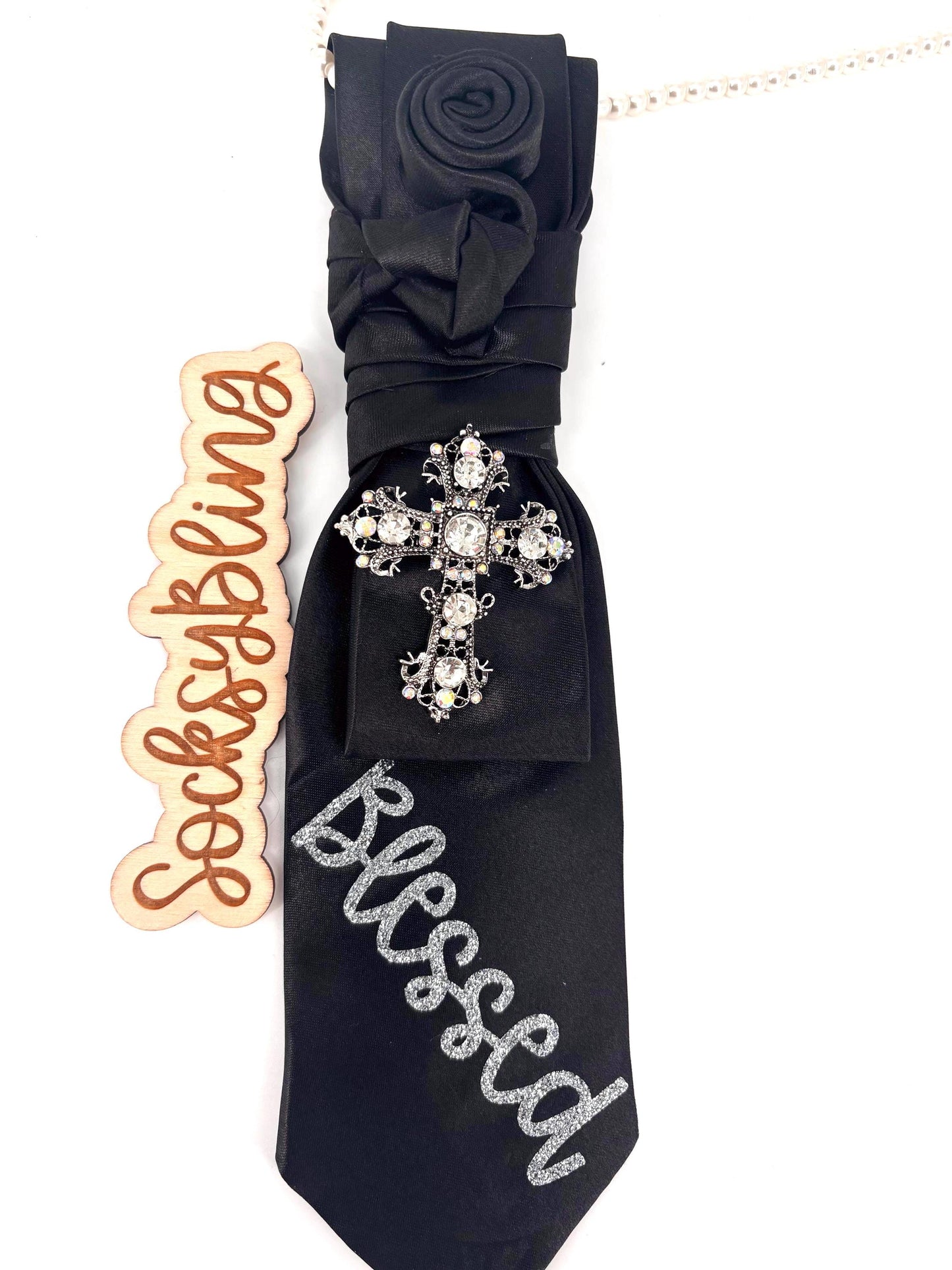 Black Statement Tie | Pearl Accessory | Hand-Sewn Knot| New Necktie| Glitter Blessed  Design