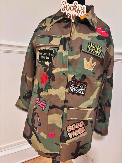 Military Chic meets Glam: Camo Patch Jacket with Shimmering Rhinestones| Bling and Patches