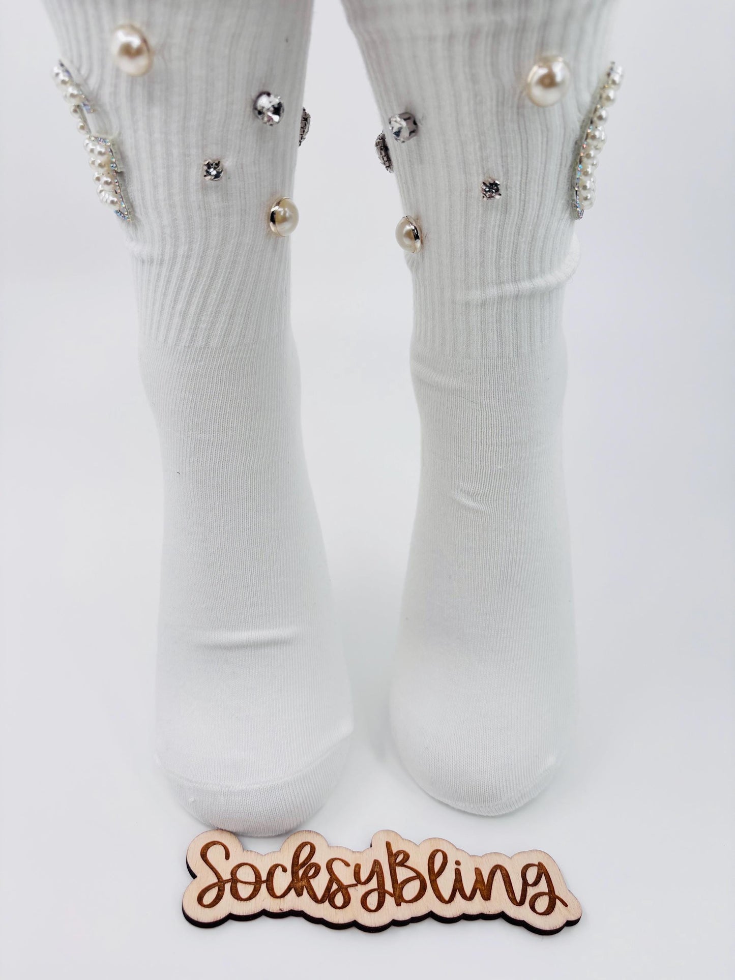 Blinged-Out Pearl G Initial Socks  (6-10) | Hand-Sewn Rhinestones| Glam Socks