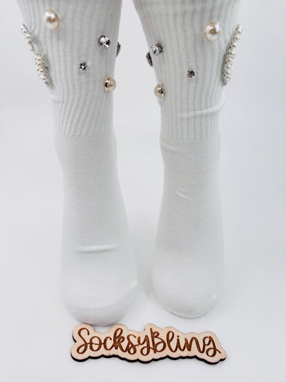 Blinged-Out Pearl G Initial Socks  (6-10) | Hand-Sewn Rhinestones| Glam Socks