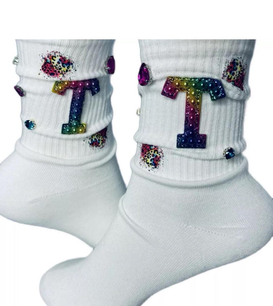 Rainbow Pearl T Initial Socks (6-10), Coloful, Pearls, Rhinestones, Gems, Handmade