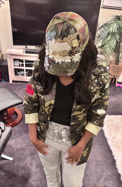 Military Chic meets Glam: Camo Patch Jacket with Shimmering Rhinestones| Bling and Patches