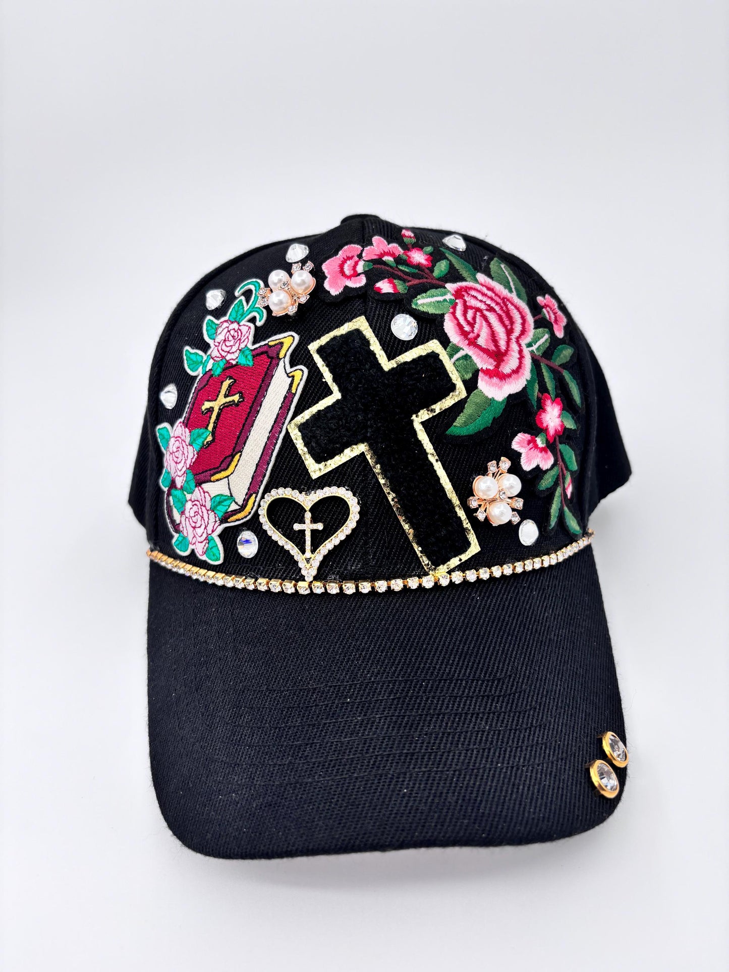 Embellished Christian Baseball Cap with Rhinestones, Pearls, Velvet Cross, Floral Embroidery