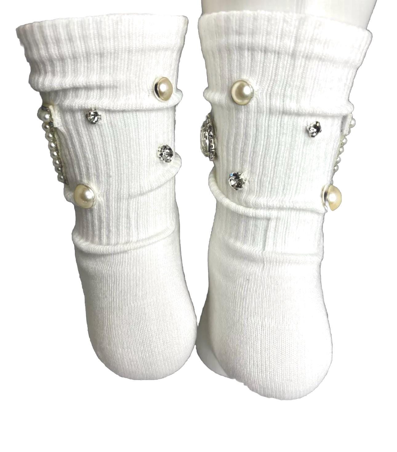 Blinged- Out Pearl V Initial Hand-Sewn Rhinestone Socks (6-10), Bling, Gems