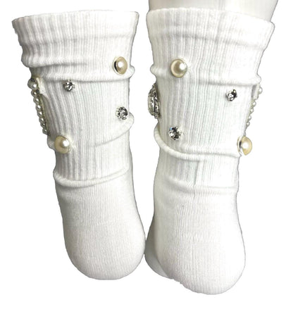 Blinged- Out Pearl V Initial Hand-Sewn Rhinestone Socks (6-10), Bling, Gems