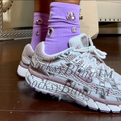 Hand Sewn Rhinestone Socks - Lilac Purple Gem, Size 6-10