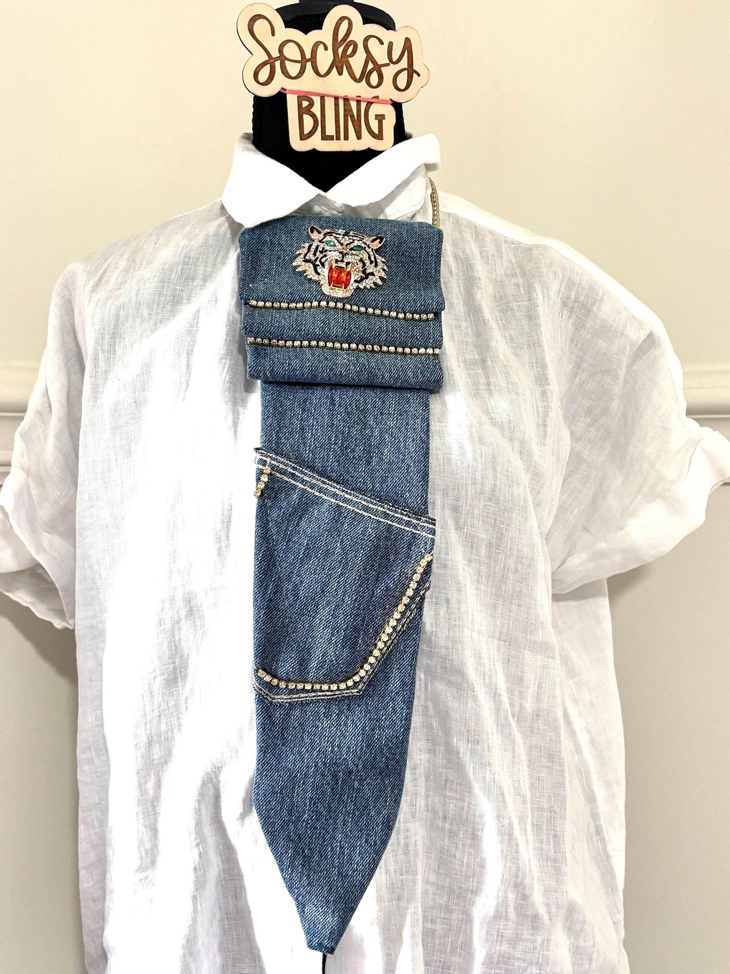 Denim Necktie| Junk Tie| Handmade Bling Tie with Bow| Bow tie